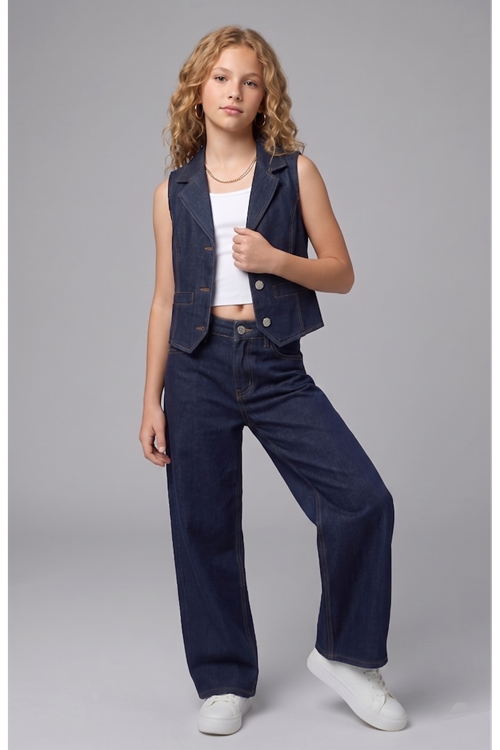 Kız Çocuk 3'lü Denim Takım - %100 Pamuk Dikiş Detaylı Yelek, Geniş Paça Pantolon ve Crop Body