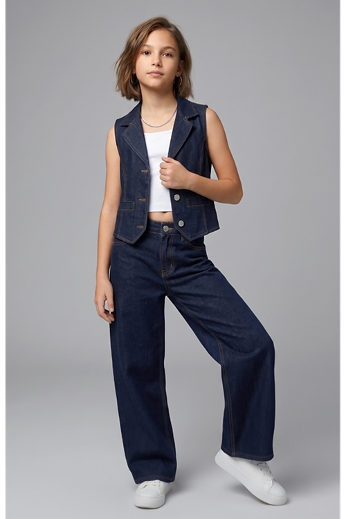 Kız Çocuk 3'lü Denim Takım - %100 Pamuk Dikiş Detaylı Yelek, Geniş Paça Pantolon ve Crop Body