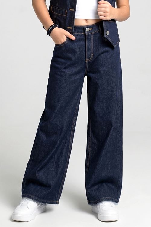 Kız Çocuk 3'lü Denim Takım - %100 Pamuk Dikiş Detaylı Yelek, Geniş Paça Pantolon ve Crop Body