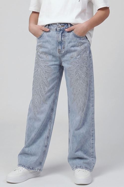 Kız Çocuk Taş İşlemeli Boru Paça Jean - %100 Pamuklu Denim Kot Pantolon
