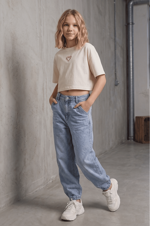 Kız Çocuk Bol Paça Jean - %100 Pamuklu Denim Kot Pantolon