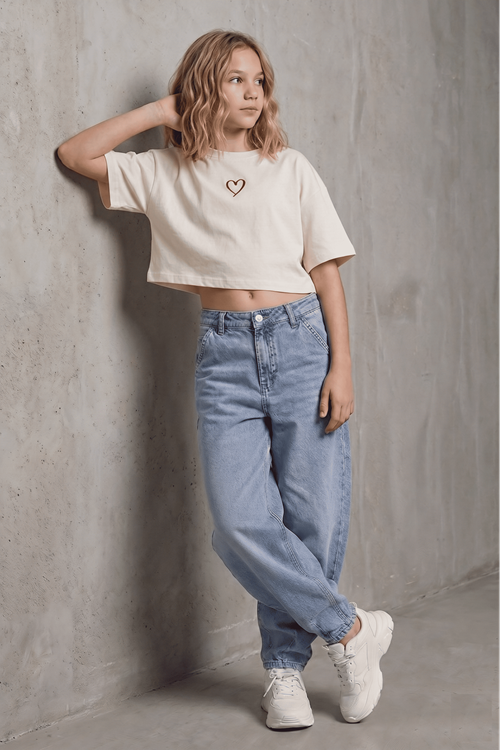 Kız Çocuk Bol Paça Jean - %100 Pamuklu Denim Kot Pantolon