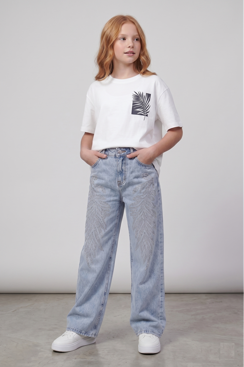 Kız Çocuk Taş İşlemeli Boru Paça Jean - %100 Pamuklu Denim Kot Pantolon