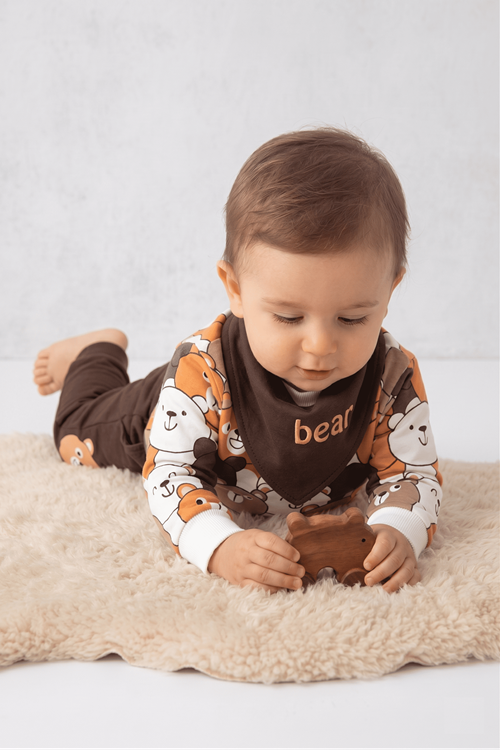 Bear Family Takım - Ayıcık Baskılı Üst Ve Eşofman Alt 2'li Takım Erkek Bebek Takım