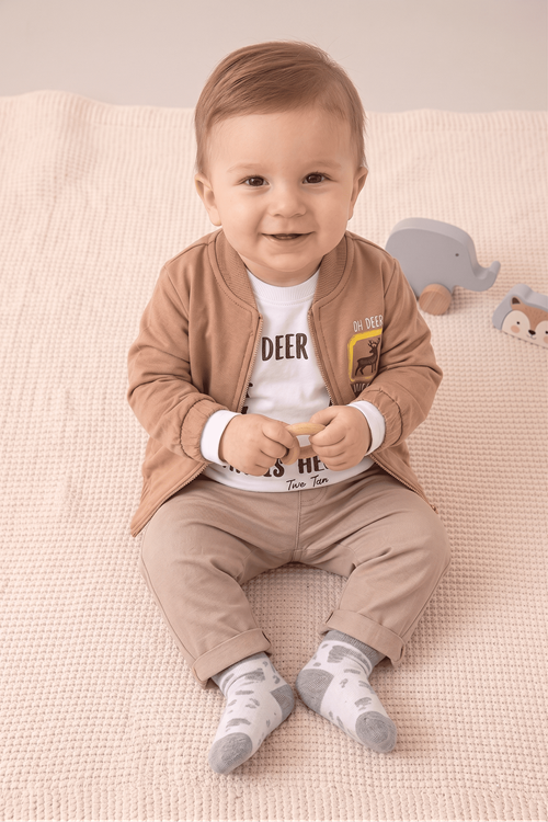 Oh Deer 3 Lü Takım - Bomber Yaka  Fermuarlı  Baskılı Ceket- Body ve Alt Pantolon