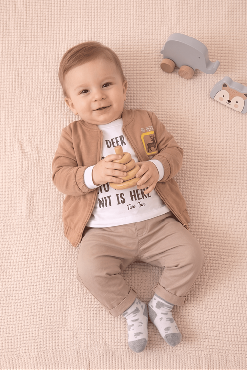 Oh Deer 3 Lü Takım - Bomber Yaka  Fermuarlı  Baskılı Ceket- Body ve Alt Pantolon