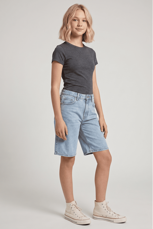 Kız Çocuk Ayarlanabilir Ve Yüksek Bel  %100 Pamuk 5 Cep Denim Şort 