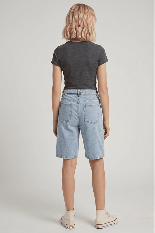 Kız Çocuk Ayarlanabilir Ve Yüksek Bel  %100 Pamuk 5 Cep Denim Şort 
