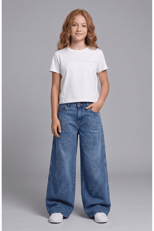 Kız Çocuk Çiçek Nakış Detaylı Geniş Paça Denim Pantolon - %100 Pamuklu Ayarlanabilir Bel