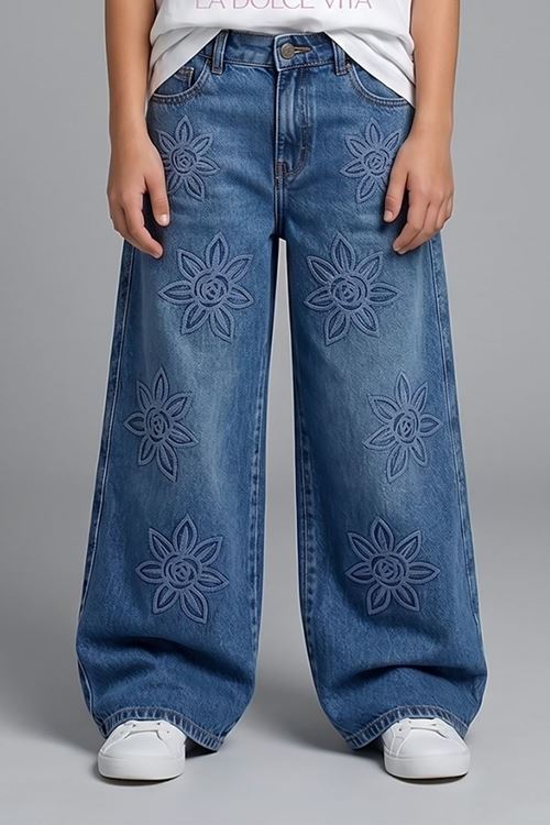 Kız Çocuk Çiçek Nakış Detaylı Geniş Paça Denim Pantolon - %100 Pamuklu Ayarlanabilir Bel