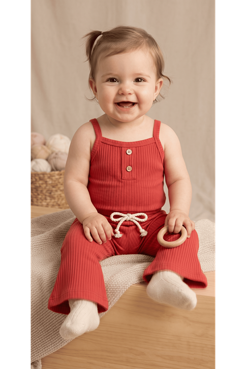 Askılı Ispanyol Paça Takım - Askılı Alt Çıtçıtlı Body, Ispanyol Paça Pantolon Kız Bebek 2'li Takım