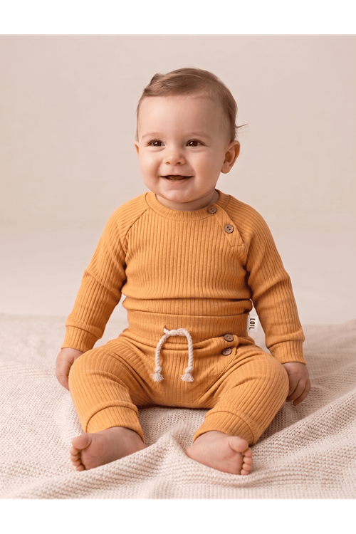 Fitilli Düğmeli Ikili Takım - Fitilli, Düğme Detaylı Cotton Bebek 2'li Takım. 6-18 Ay