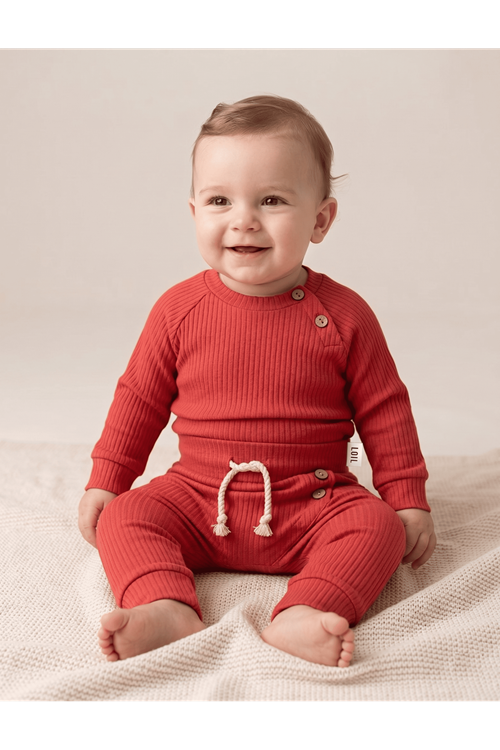 Fitilli Düğmeli Ikili Takım - Fitilli, Düğme Detaylı Cotton Bebek 2'li Takım. 6-18 Ay