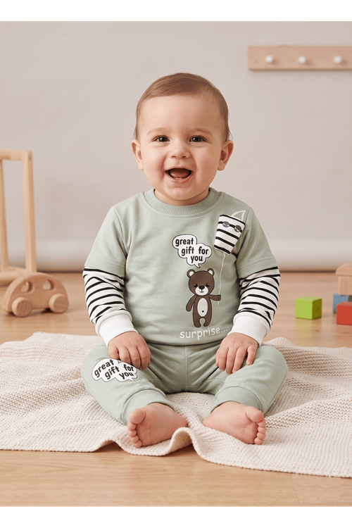 Sürpriz Ayıcık 2li Bebek Takım-ayıcık Baskılı,bisiklet Yaka Body, Baskılı Eşofman Alt