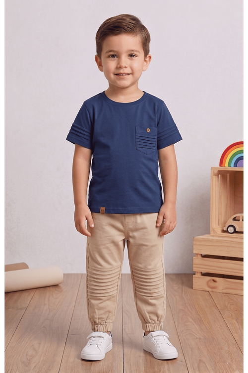 Çocuk 2'li Takım-bel Ve Paçaları Lastikli,diz Altı Detaylı Pantolon, Kol Detaylı T-shirt %100 Pamuk