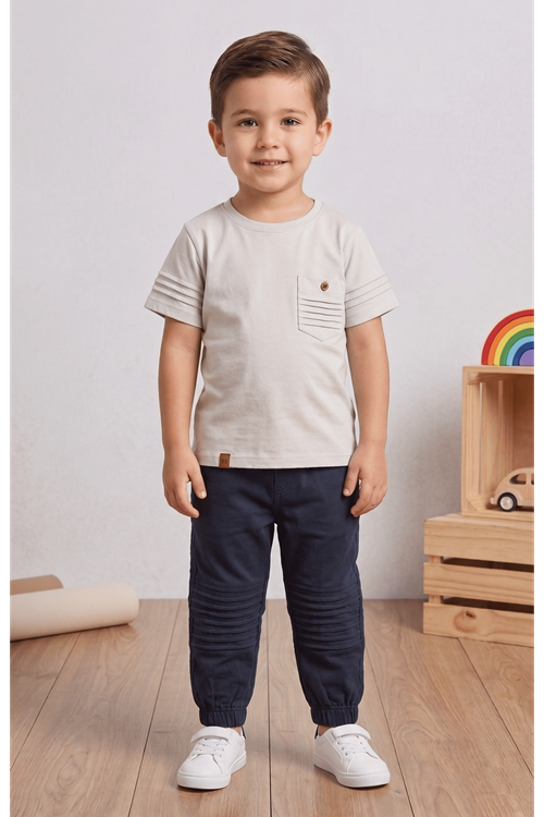 Çocuk 2'li Takım-bel Ve Paçaları Lastikli Diz Altı Detaylı Pantolon, Kol Detaylı T-shirt %100 Pamuk