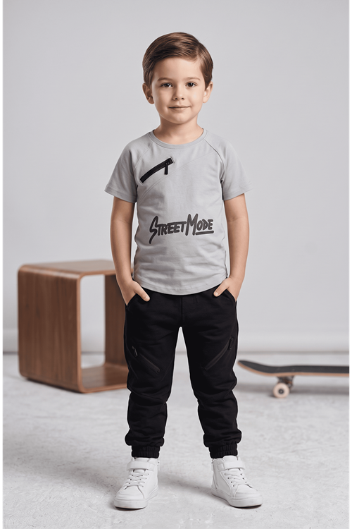 Çocuk 2'li Takım-bel Ve Paçalar Lastikli,fermuar Detaylı Pantolon,yazı Baskılı T-shirt %100 Pamuk