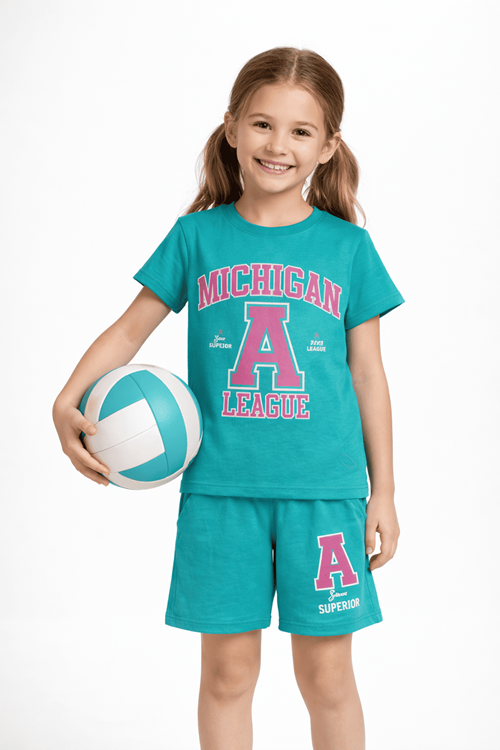 Çaren Kids Kız Çocuk Şortlu Takım- % 100 Cotton Ön Ve Arka Baskılı T-shirt & Beli Lastikli Şort