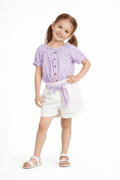 Çaren Kids- Kız çocuk Şortlu 2'li Takım- Çiçekli Yakası Lastik Kayık Yaka Bluz Ve Şort