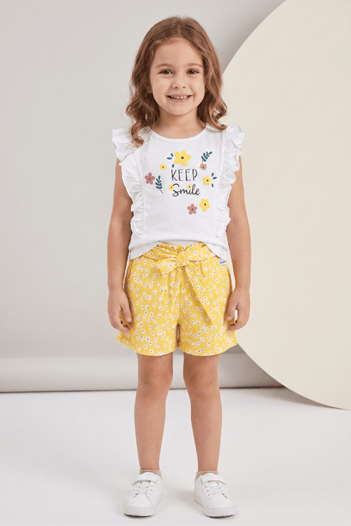 Çaren Kids - Keep Smile Kabartma Çiçek Baskı Detaylı 2'li Takım- Kız Çocuk 2'li Takım
