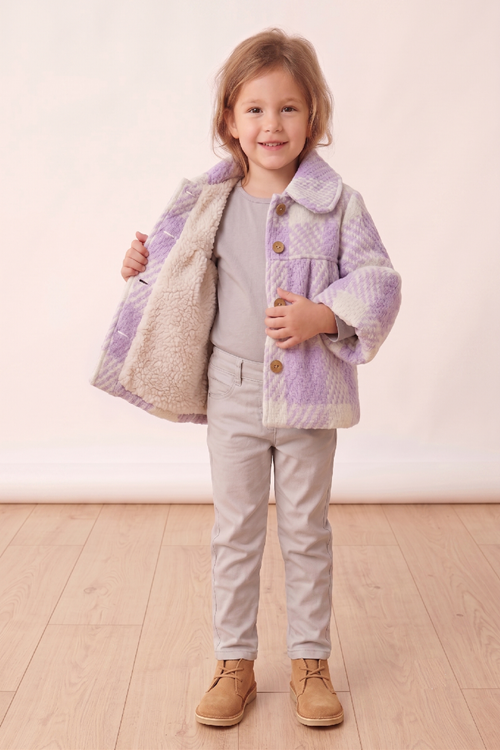 Çaren Kids Kız Çocuk İçi Kürklü Düğmeli Ekose Kaban