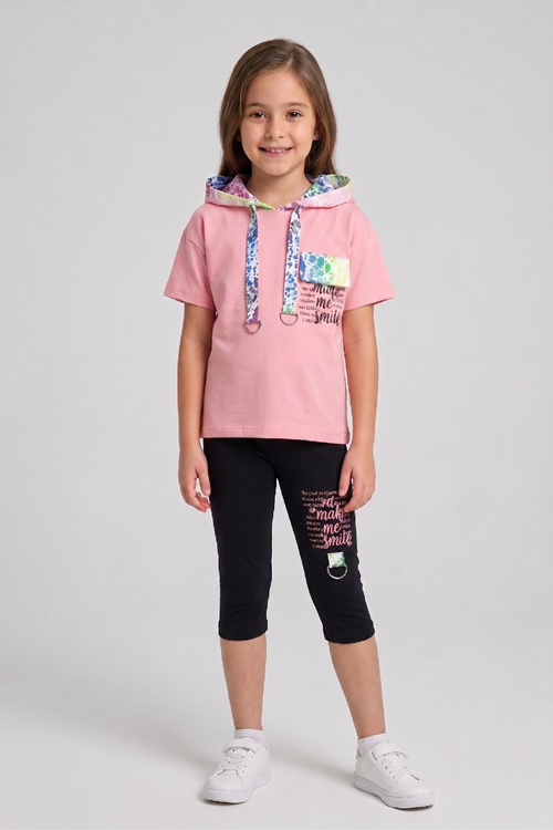 Çaren Kids - Kız Çocuk 2'li Takım- Kapüşonlu Baskı Detaylı T-shirt, Baskı Detaylı Tayt