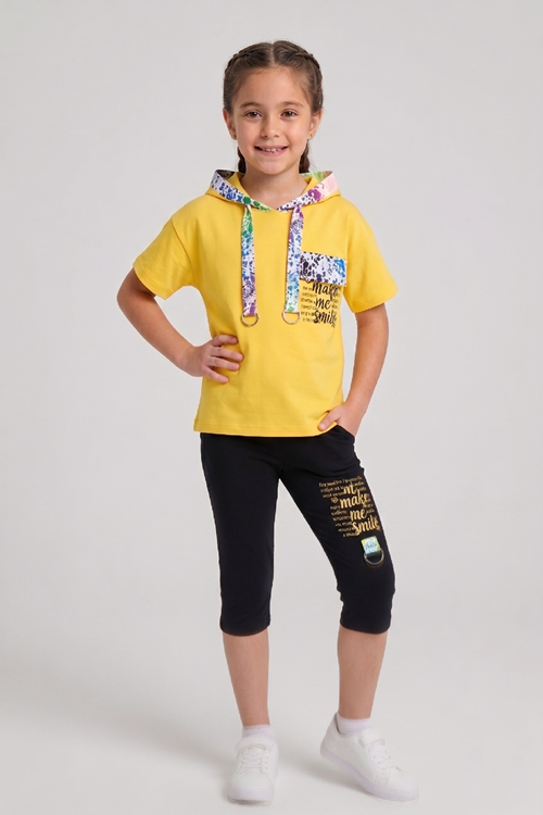 Çaren Kids - Kız Çocuk 2'li Takım- Kapüşonlu Baskı Detaylı T-shirt, Baskı Detaylı Tayt