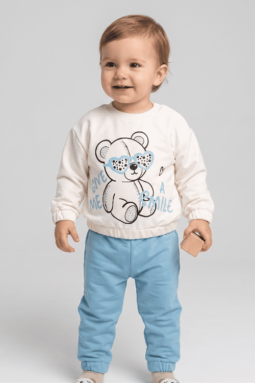 Give Me Smile Unisex Bebek 2'li Takım-Ayıcık Baskılı Bel ve Kollarda Lastik Detaylı Sweat ,Pantolon