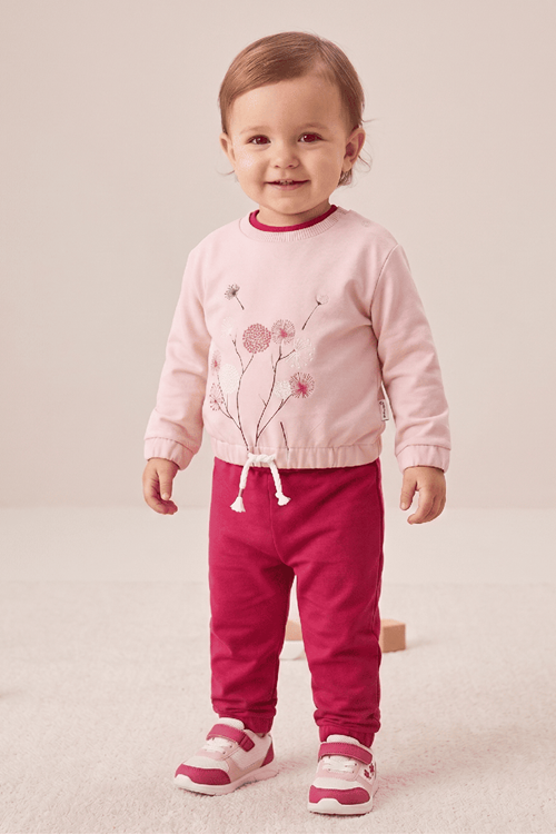 Buket Kız Bebek 2'li Takım-Çiçek Baskılı Sweat, Bel ve paçaları Lastikli Pantolon