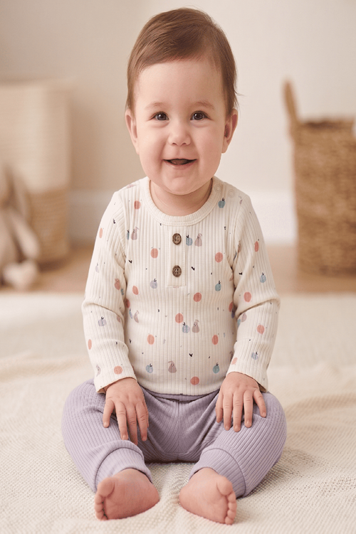 MEYVE BASKILI ALTTAN ÇITLI BEBEK 2Lİ TAKIM - Fitilli, Yuvarlak Yaka Çıtçıtlı Body ve Fitilli Alt