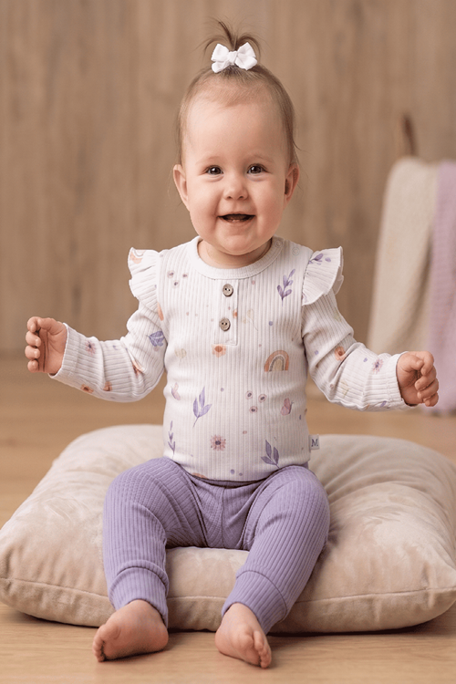 GÖKKUŞAĞI KELEBEKLİ ALTTAN ÇITLI BEBEK 2Lİ TAKIM- Fitilli, Çıtçıtlı Body ve Fitilli Alt