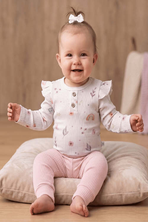 Gökkuşağı Kelebekli Alttan Çıtlı Bebek 2Lİ Takım- Fitilli, Çıtçıtlı Body ve Fitilli Alt