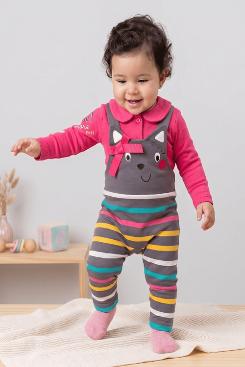 Colorfull % 100 Cotton Bebek Salopet Takım- Kulak ve Kurdele Detaylı,Alttan Çıtçıtlı Salopet, Body