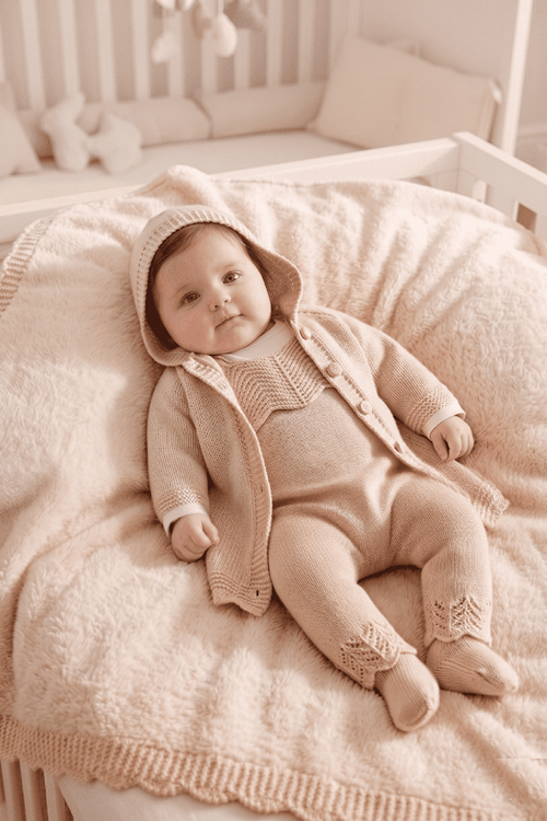 Çaren Kids- Kız Bebek Ajurlu Triko 3'lü Takım-Ajurlu Triko Salopet Ve Hırka, Çıtçıtlı Body