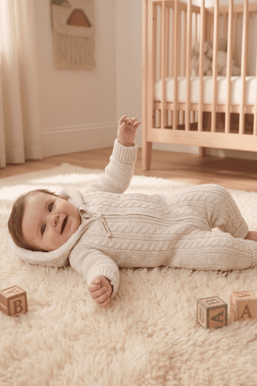 Çaren Kids- Saç Örgü Motif Fermuar Kapama İçi Kürk Astar Unisex Kapüşonlu Bebek Triko Tulum