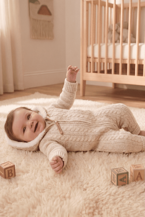 Çaren Kids- Saç Örgü Motif Fermuar Kapama İçi Kürk Astar Unisex Kapüşonlu Bebek Triko Tulum