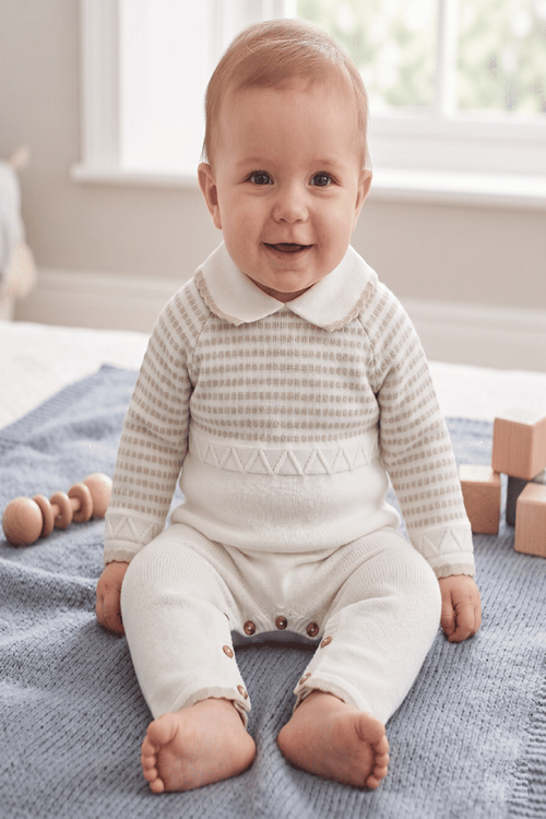 Unisex Triko Bebek Tulum- Gömlek Yaka Ağ Bölümü Düğmeli Bebek Triko Tulum