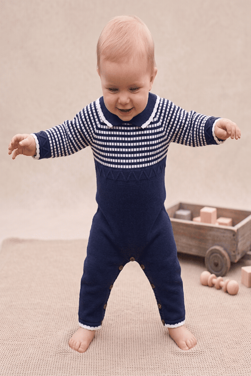 Unisex Triko Bebek Tulum- Gömlek Yaka Ağ Bölümü Düğmeli Bebek Triko Tulum