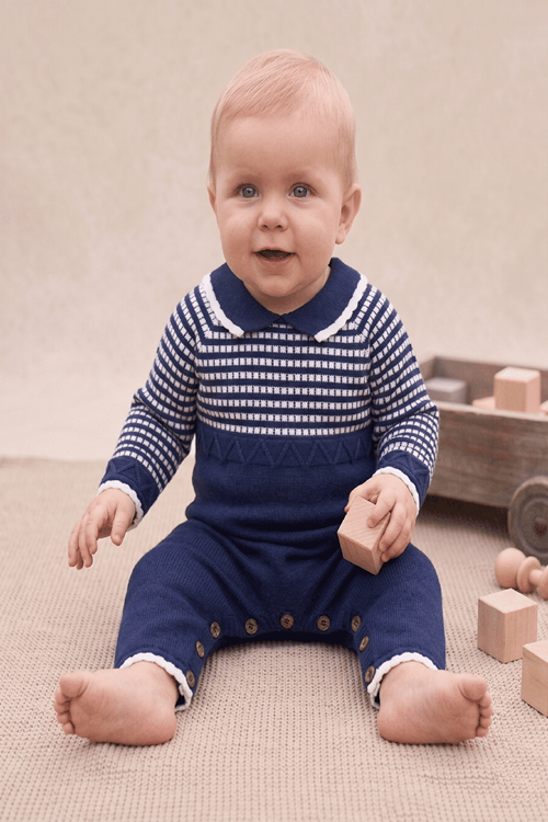 Unisex Triko Bebek Tulum- Gömlek Yaka Ağ Bölümü Düğmeli Bebek Triko Tulum