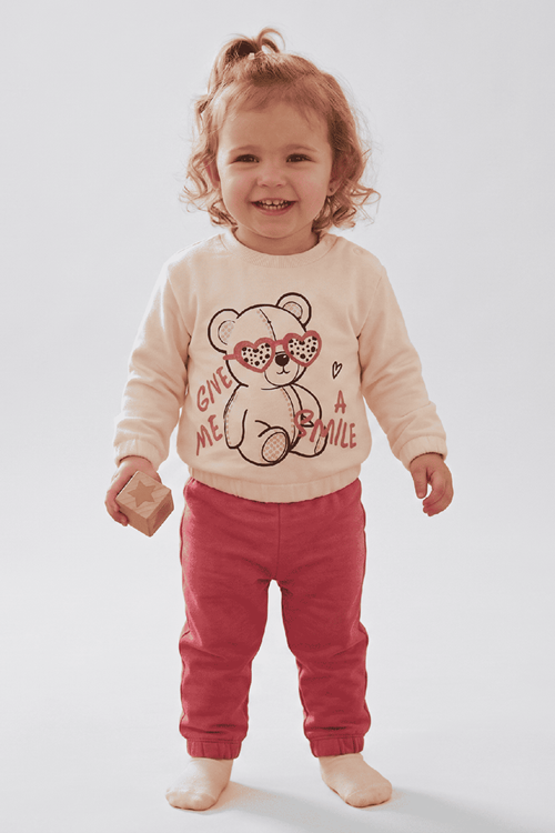 Give Me Smile Unisex Bebek 2'li Takım-Ayıcık Baskılı Bel ve Kollarda Lastik Detaylı Sweat ,Pantolon