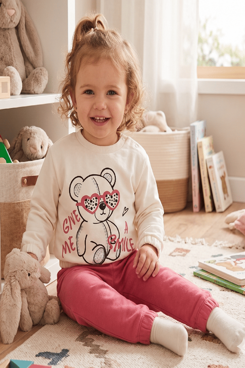 Give Me Smile Unisex Bebek 2'li Takım-Ayıcık Baskılı Bel ve Kollarda Lastik Detaylı Sweat ,Pantolon