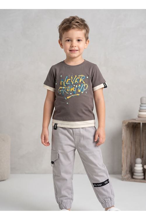 Çocuk 2'li Takım- % 100 Pamuk , Kabartma Baskılı,t-shirt, Kargo Cep, Bel Ve Paçası Lastikli Pantolon