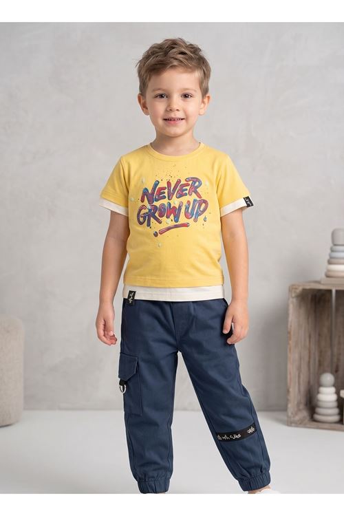 Çocuk 2'li Takım- % 100 Pamuk , Kabartma Baskılı,t-shirt, Kargo Cep, Bel Ve Paçası Lastikli Pantolon