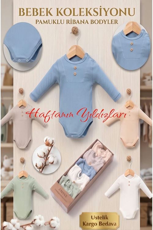 Çaren Kids- % 100 Pamuk Unisex Bebek Çok Renkli Çıtçıtlı Uzun Kol Body Zıbın 5'li Set