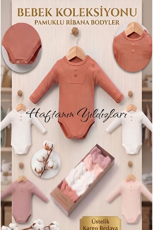 Çaren Kids- % 100 Pamuk Unisex Bebek Çok Renkli Çıtçıtlı Uzun Kol Body Zıbın 5'li Set