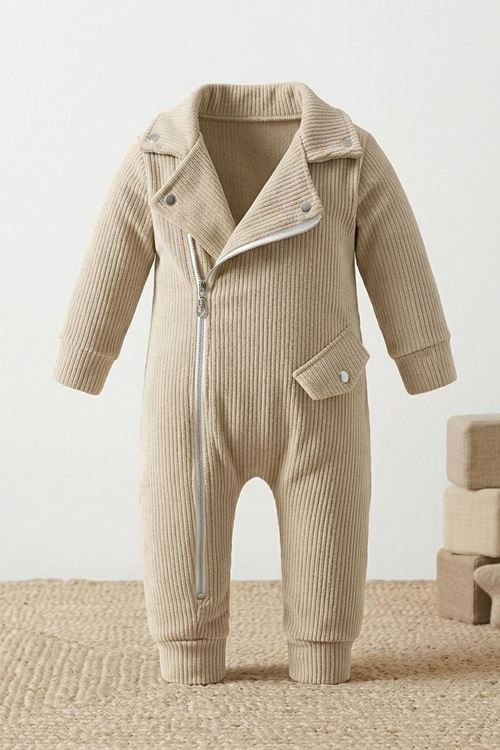 Unisex Bebek Kadife Tulum- Kruvaze Yaka Fermuar Detaylı Kadife Tulum- Bej