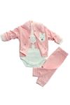 ÇAREN BABY BEBEK TAVŞAN NAKIŞLI 3LÜ TAKIM- Kapüşonlu Hırka, Çıtçıtlı Body & Alt