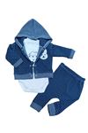 BABY BEBEK TAVŞAN NAKIŞLI 3LÜ TAKIM- Kapüşonlu Hırka, Çıtçıtlı Body & Alt