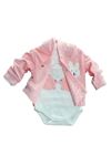 ÇAREN BABY BEBEK TAVŞAN NAKIŞLI 3LÜ TAKIM- Kapüşonlu Hırka, Çıtçıtlı Body & Alt