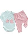ÇAREN BABY BEBEK TAVŞAN NAKIŞLI 3LÜ TAKIM- Kapüşonlu Hırka, Çıtçıtlı Body & Alt